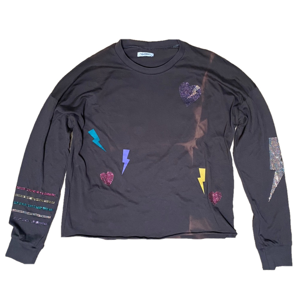 New Lauren Moshi Crystal Lightning Hearts Long Sleeve Tee